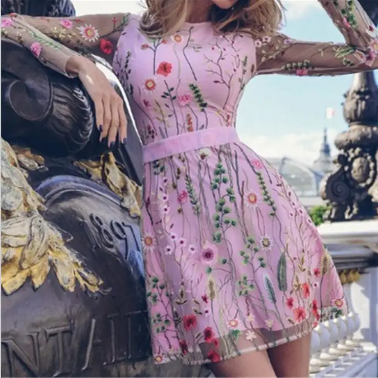 Women Floral Embroidery Elegant Mesh Dress Sheer Summer Boho Mini See-through Black Dress navy chiffon elegant  party  purple