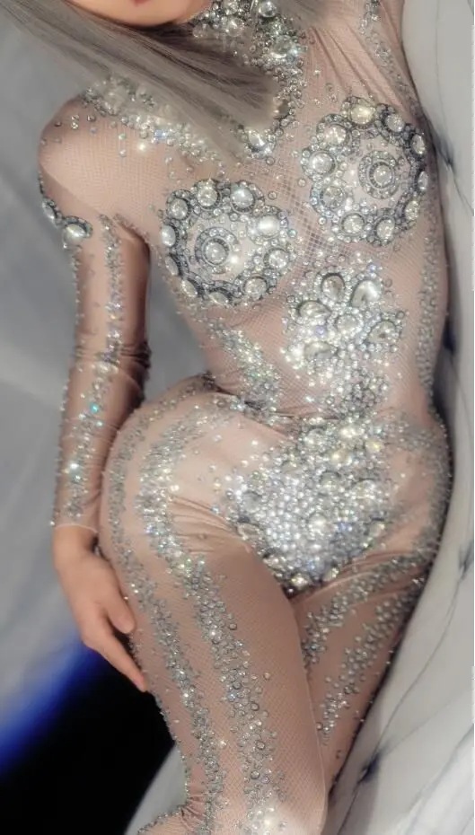 Sparkling Nightclub Party Rhinestone Jumpsuit For Women Sexy Stretch Nude Crystal Bodysuits DS Dancer Leotard Stage Costumes