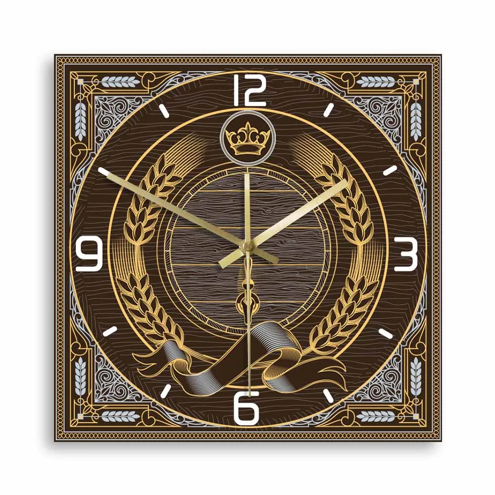 Beer Barrel Printed Square Wall Clock Brewing Bar Decor Home Bar Vintage Décor Clock Silent Quartz Wall Watch Alcohol Wall Art