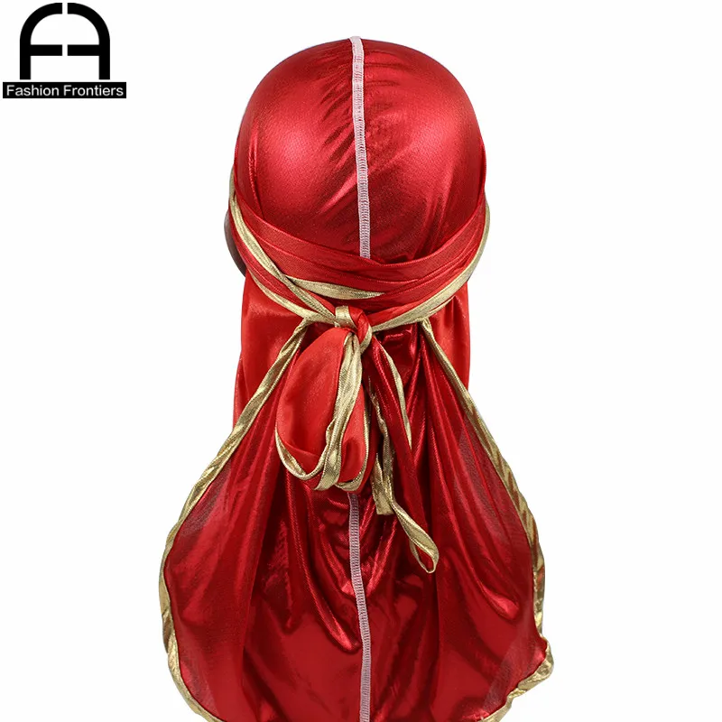 Unisex mężczyźni kobiety Seamless Shiny Silk Durag Gold bardzo długi pasek chustka kapelusz Turban 360 540 720 fale Do Du szmaty