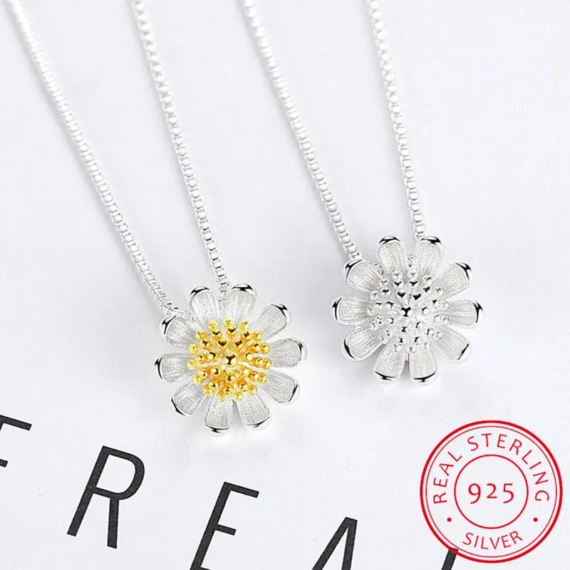 925 Sterling Silver Necklace For Women Daisy Sunflower Pendant Clavicle Necklace collares Summer Jewelry S-N205