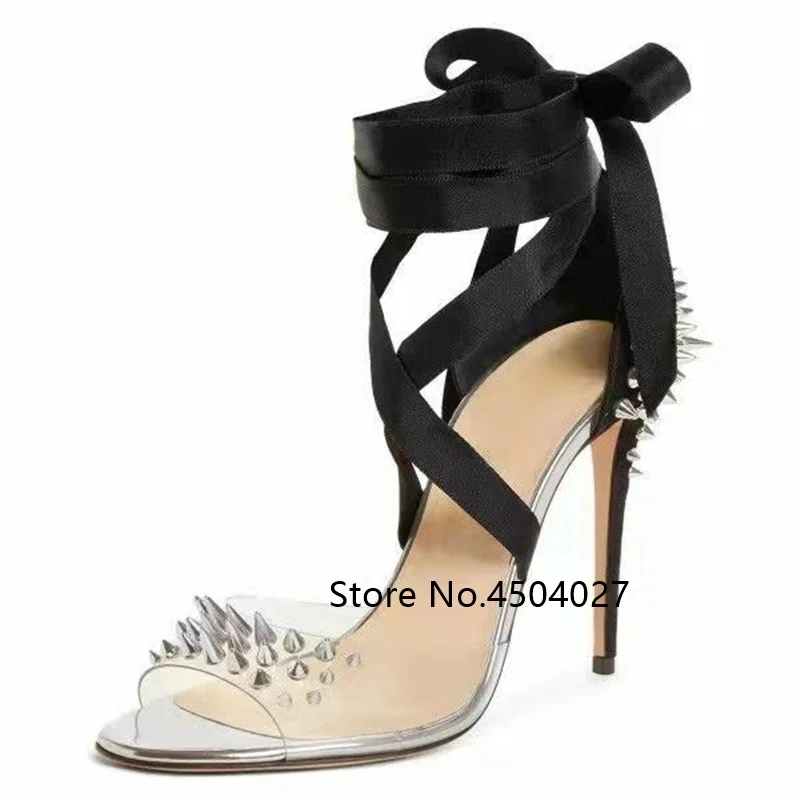 Sexy Black Strappy Transparent PVC Sandals Studded Pumps Gold Sliver Rivets Women Heels Party Dress Shoes