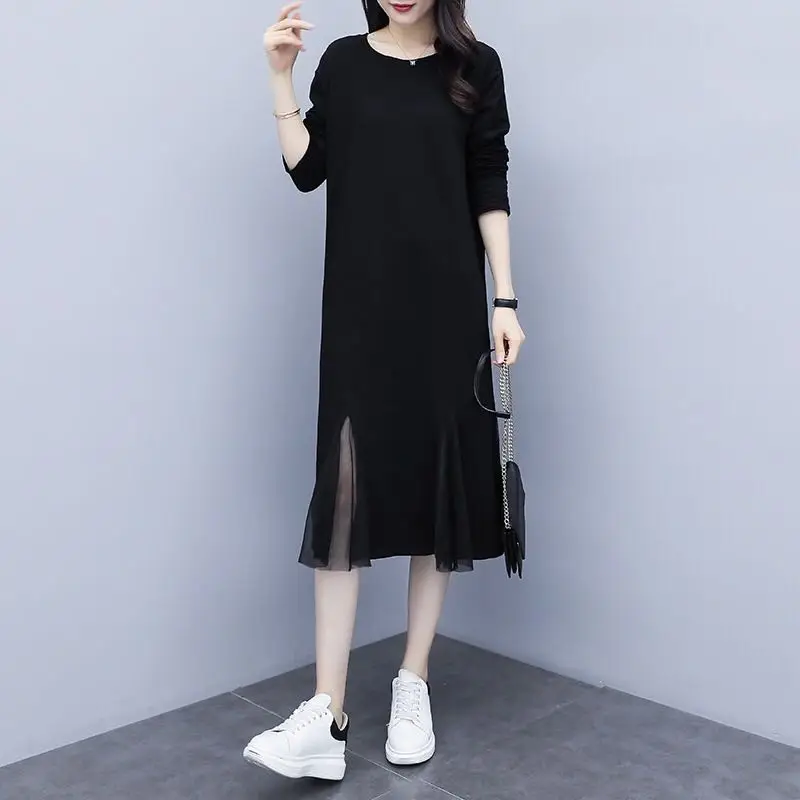 2020 Elegant Mesh Trumpet Patchwork Maxi Dress Women's Hoodies Dress Casual Long Sleeve Vestidos Female Black Robe Plus Size