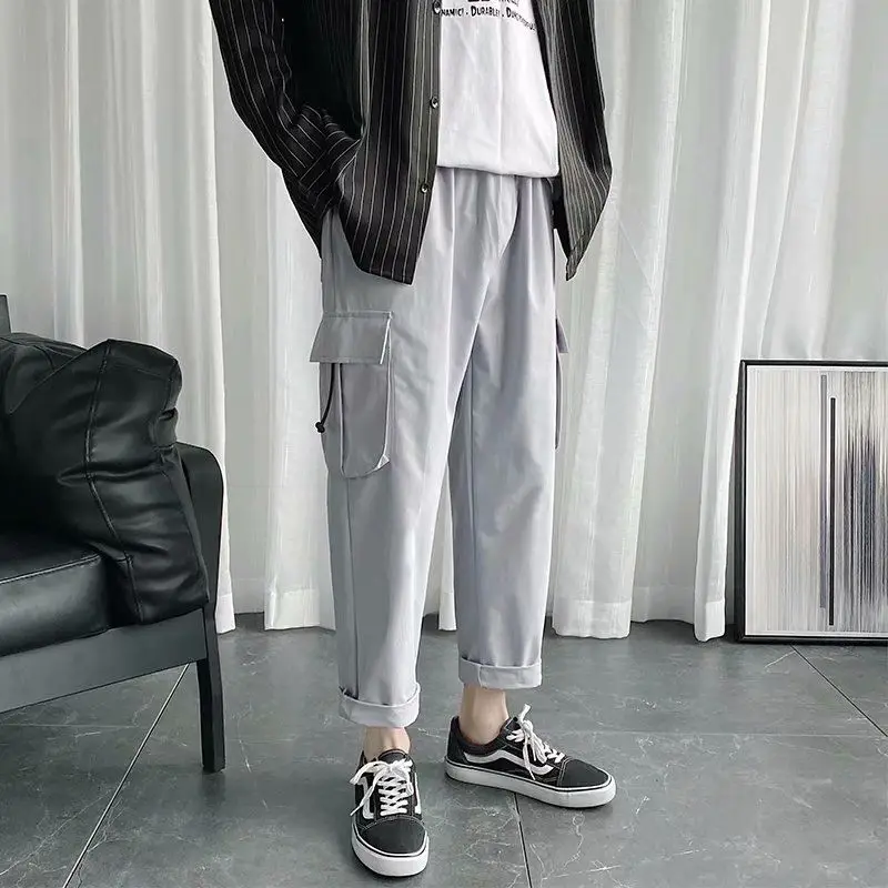 2020 calças de carga hip hop para homens kpop versátil leggings baggy perna reta estilo preppy masculino calças casuais em linha reta safari preto