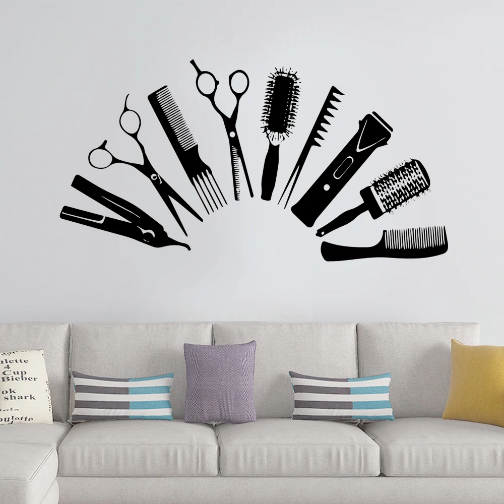 Beauty Salon Scissors Comb Mural Art Paper Wall Stickers, Creative Vinyl Handmade Wall Stickers, Vinyl Detachable Stickers