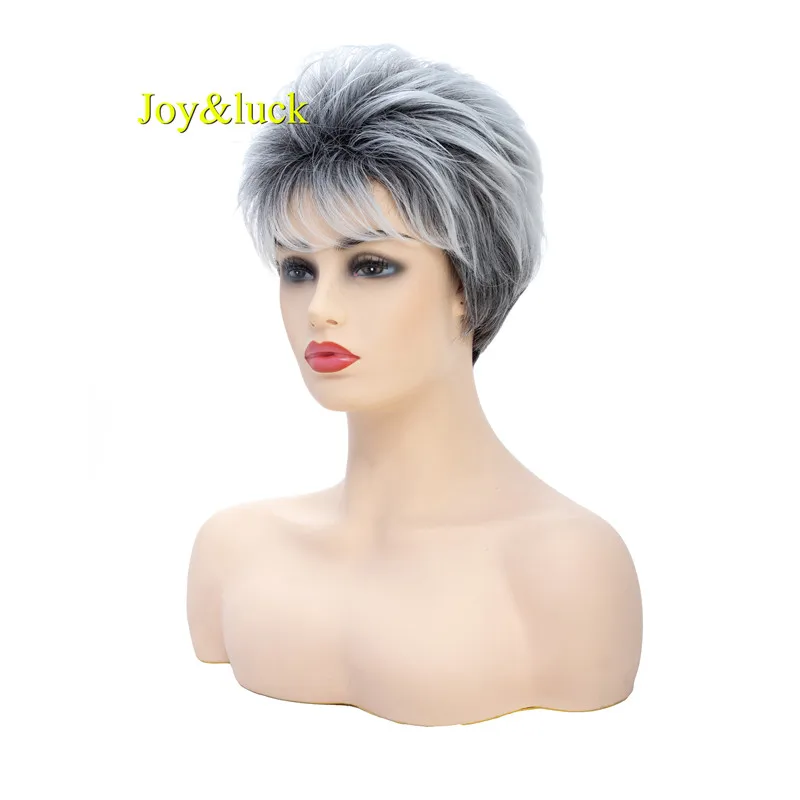 

Joy&luck Short Wig Ombre Grey Color Natural Straight Wig Synthetic Wigs for Women or Men Wig