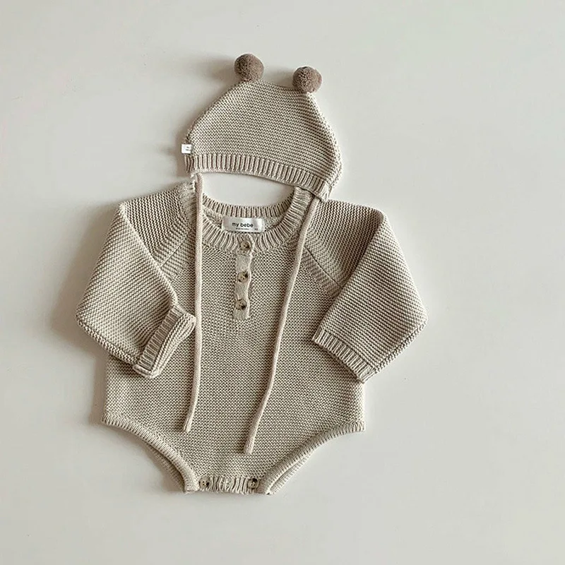 2024 Autumn New Toddler Baby Boys Girls Knitted Bodysuit Infant Jumpsuit Knitwear Outfits Newborn Baby Sweater And Baby Knit Hat