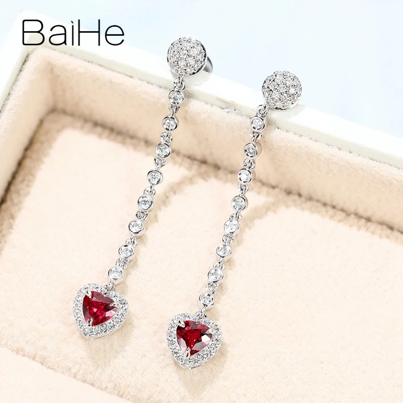 

BAIHE Solid 14K White Gold Natural Ruby Diamond Heart long Stud Earrings Women Wedding Fine Jewelry boucle d’oreille kolczyki