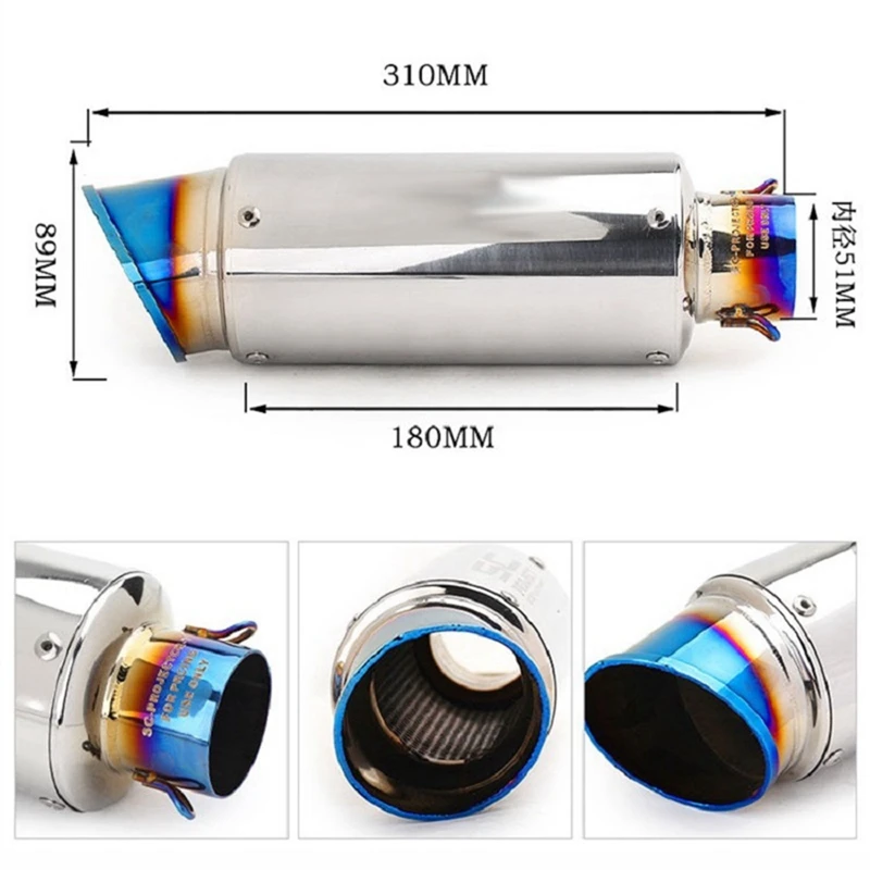 Universal 51mm 61mm Motorcycle Exhaust Tailpipe Muffler Tube DB Killer Stainless Steel Slip On Removable Light Blue