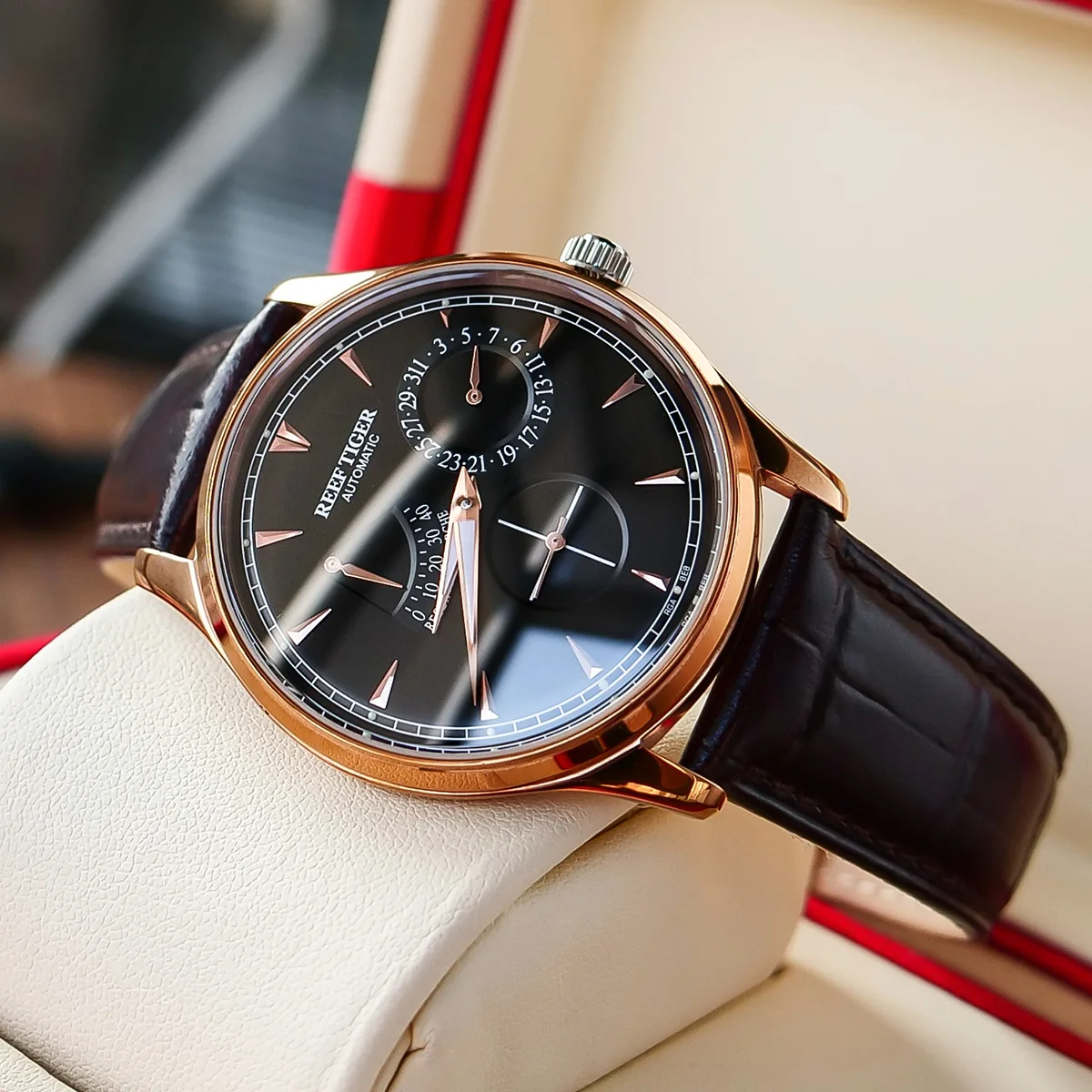 Reef Tiger/RT Elegant Mens Watch with Complete Calendar Power Reserve Rose Gold Automatic Watch RGA1980