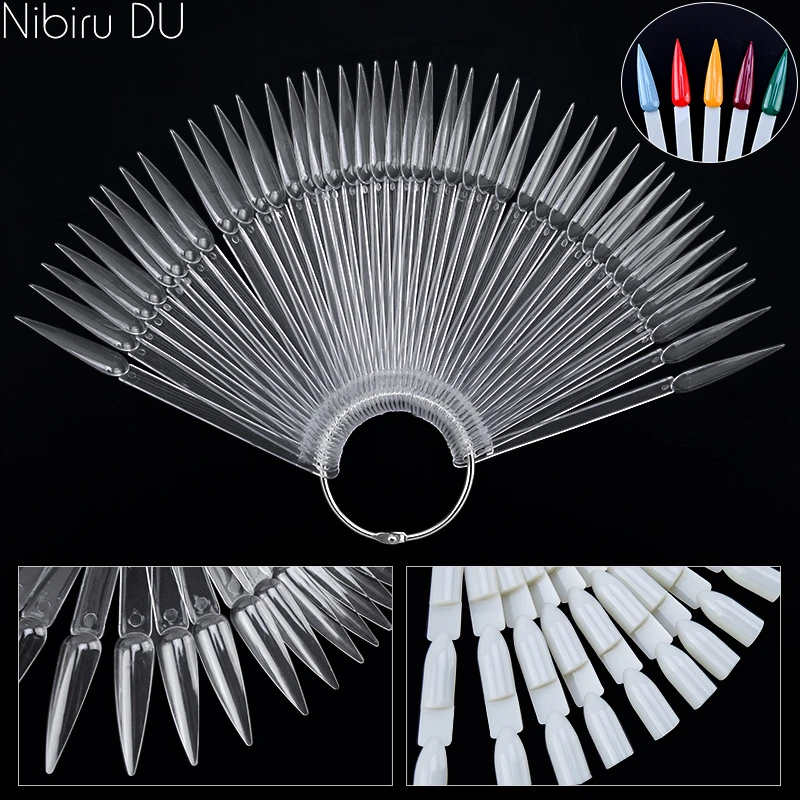 40/50 Pcs Nail Color Card False Pointed Three Sections Tips Buckle Ring Fan Transparent Natural Nails Art Practice Display Tools