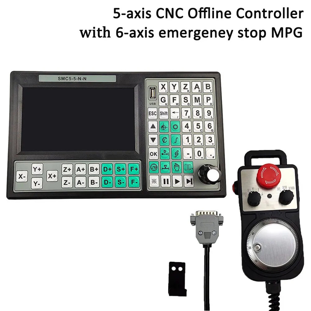 

CNC 5Axis Offline Mach3 USB Controller SMC5-5-N-N 500KHz G-Code 7 inch Large Screen + 6 Axis Emergency Stop Hand Wheel MPG