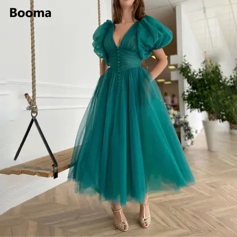 Teal Green V-Neck Tulle Prom Dress Booma