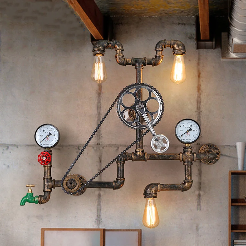 Vintage Retro Loft Industrial Wind Light Personality Water Pipe Gear Wall Lamp For Restaurant Bar Pub Cafe Aisle Bedroom Lights