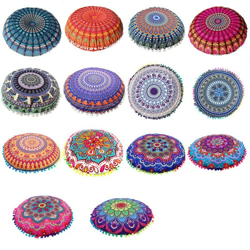 Round Pillow Cover Decorative Mandala Pillowcase Bohemian with Pom Pom Balls Pillow Cases Outdoor Cushion Cover for Home Bedroom