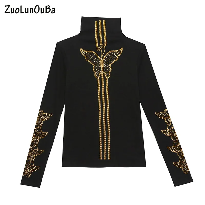 

Autumn Winter Fashion Black Turtleneck Fleece Pullover Long Sleeve Gold Hot Diamond Butterfly Decoration Sweater Women