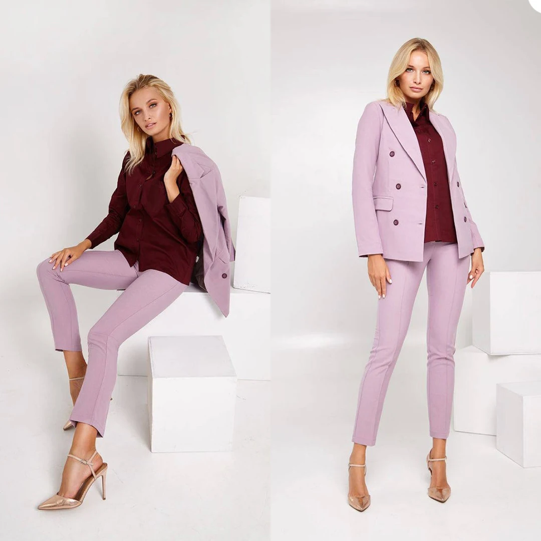 

Hot Fashion Women Blazer Suits Long Sleeve Double Breasted Formal Outfits Evening Party Wedding Slim Leg Pants Suit 2 Pieces