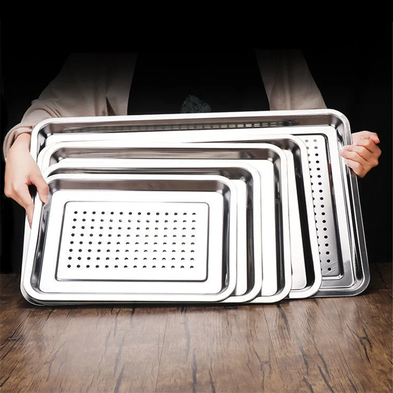 Stainless Steel Food Storage Tray Rectangular Drain Baking Pan Thicken Durable Drainer Plates Home Kitchen Organizer Accessories