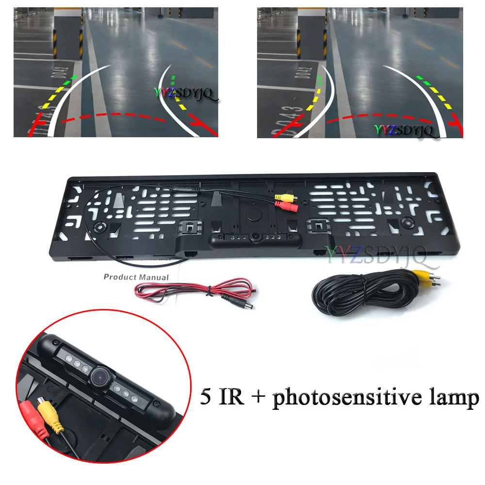 New Dynamic trajectory European license Plate Frame Rear View Camera System With Night Vision 5 IR Lights+Photosensitive Light