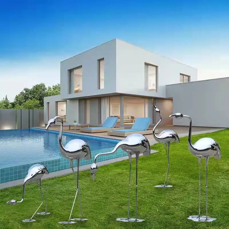 Outdoor villa courtyard stainless steel flamingo crane waterscape sculpture large decorative ornaments