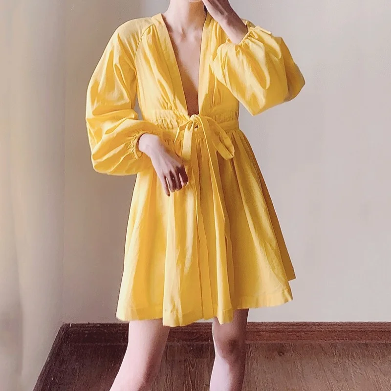 Sexy Women Deep V Neck Linen Dress Hawaii Lantern Long Sleeve High Waist Summer Dresses Female Solid Color Bohemian Short Dress