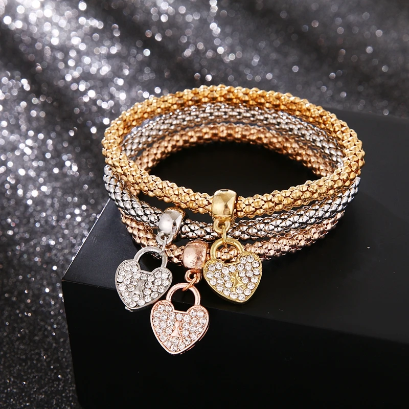 3 pz/set bracciale in cristallo a farfalla e bracciale con chiusura a cuore Color oro ciondolo con nota musicale bracciale con strass femminile