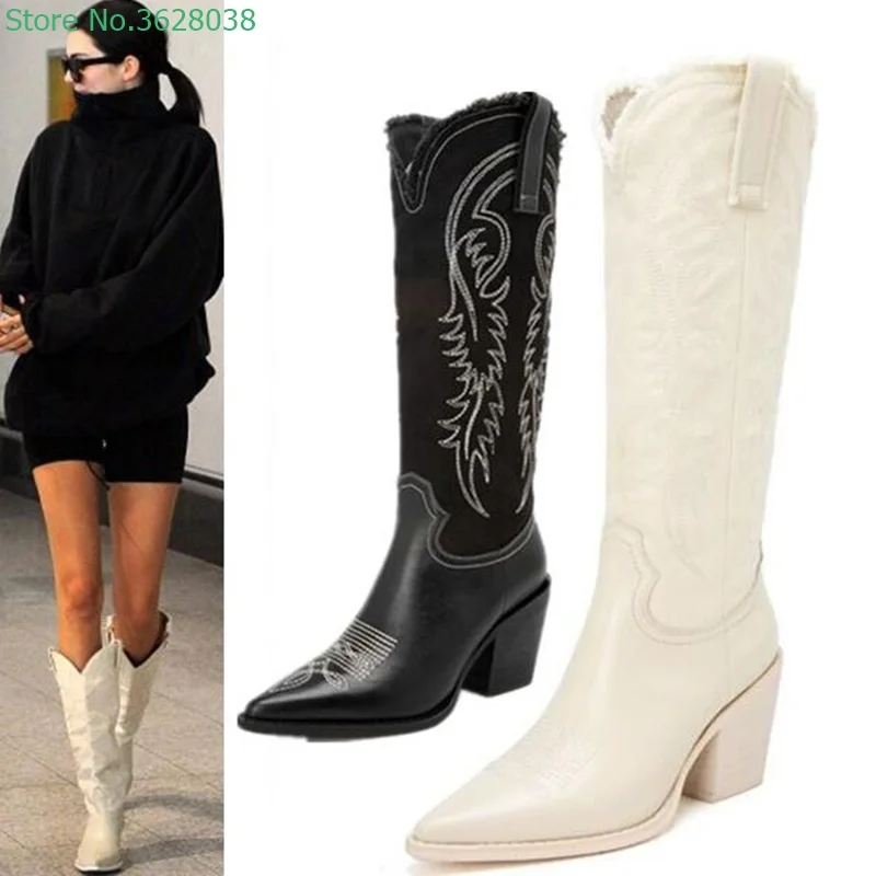 Pointed Toe Embroidery Leather Patchwork Boots Mid-calf Slip On Square Heel Medium  Heel Autumn Elegant Boots White Black Boots