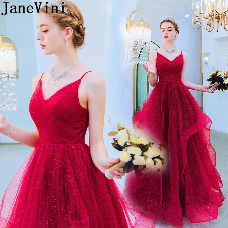 

JaneVini Blingbling Glitters Burgundy Prom Dresses Long 2020 Tulle V-Neck A Line Women Gala Dresses Homecoming Evening Gowns