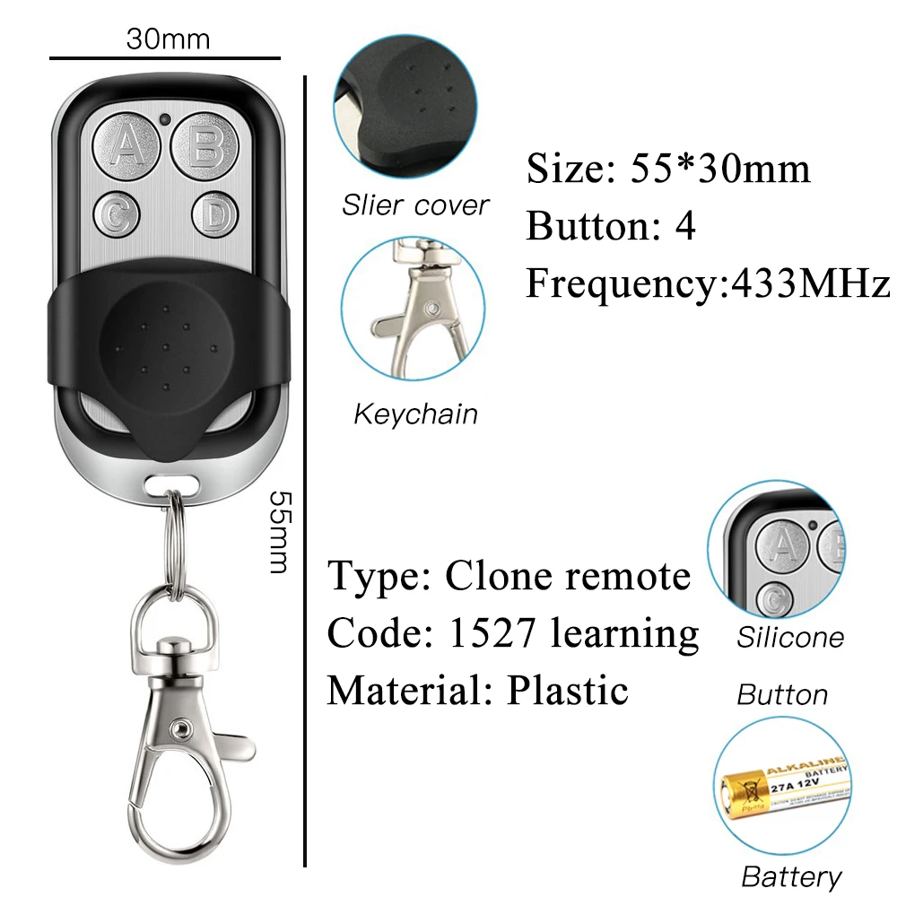 Wenqia 433Mhz Rf Universal Copy Clone Transmitter Wireless Remote Control 4 buttons Keyfob Duplicator for Garage Door Car CAME