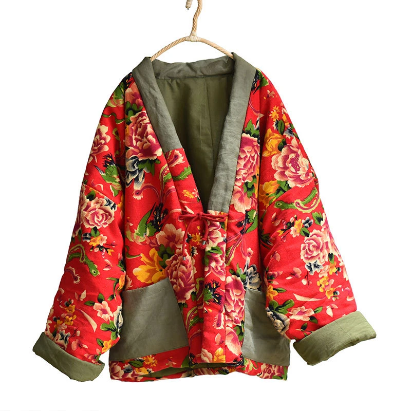 Winter Warm Kimono Woman Thicken Chinese Style Baggy Outerwear Vintage Cotton Linen Padded Coats Loose printing Overcoat