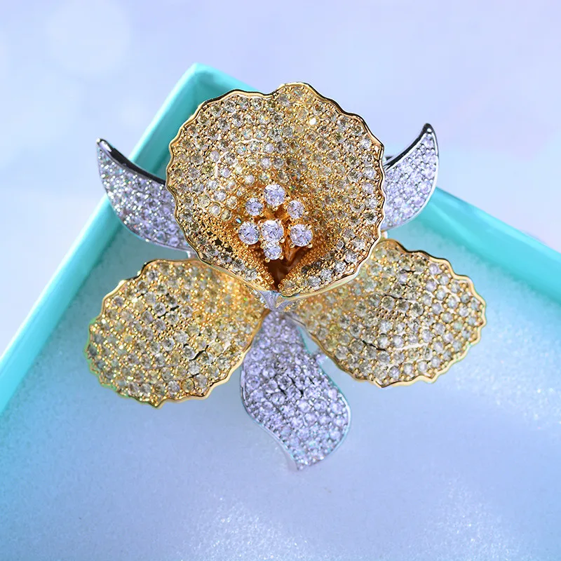 OKILY Luxurious Cubic Zirconia Orchid Flower Brooch Pin Delicate Rhinestone Floral Pins and Brooches for Women Valentine\'s Gift