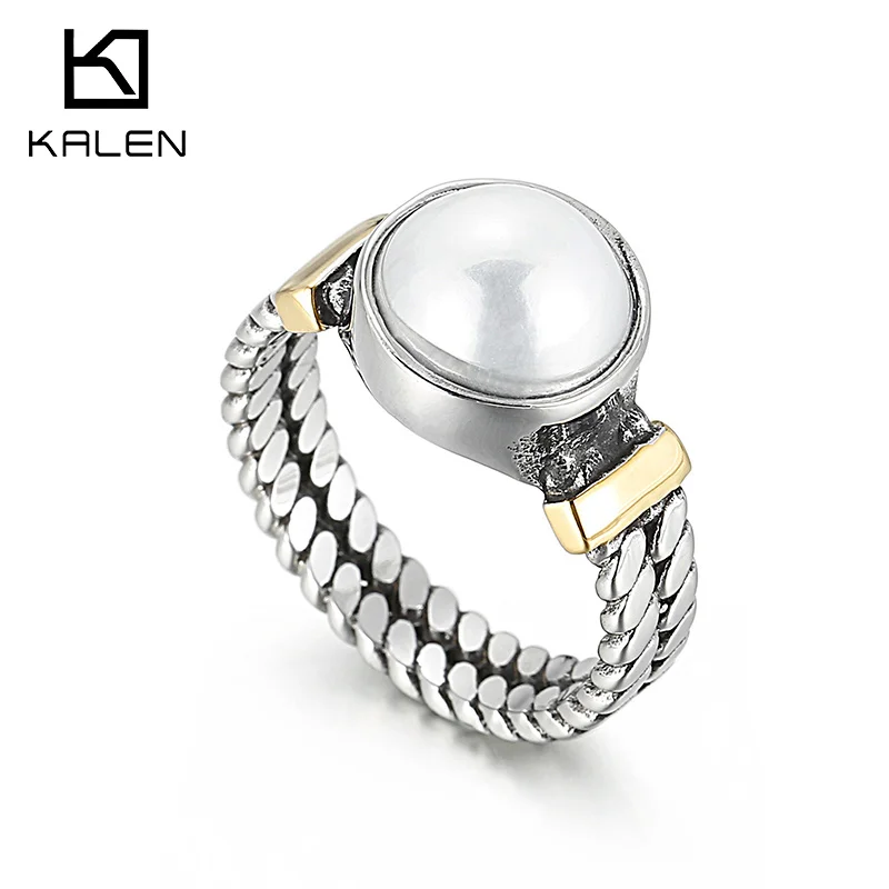 Kalen Vintage Cuban Link Rings For Women Stainless Steel Shell Ring Face Geometric Finger Ring Bijoux Femme Girls Party Ring