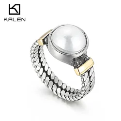 Kalen Vintage Cuban Link Rings For Women Stainless Steel Shell Ring Face Geometric Finger Ring Bijoux Femme Girls Party Ring