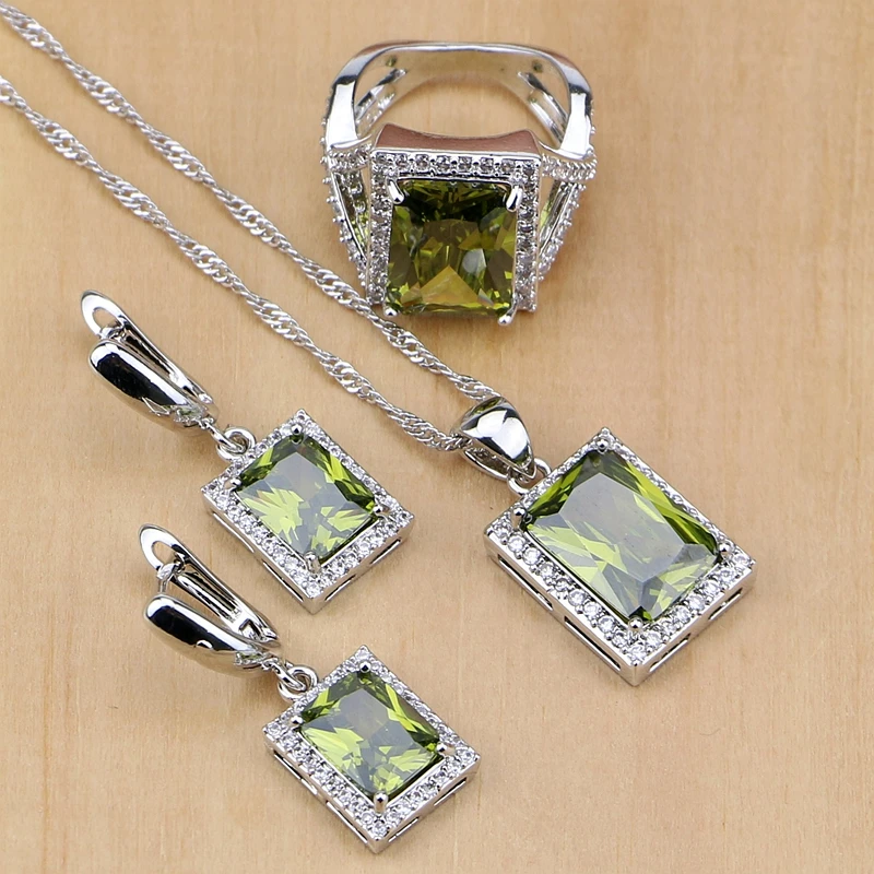 Mytic Light Olive Green CZ White Zircon 925 Sterling Silver Jewelry Sets For Women Earrings/Pendant/Necklace/Rings