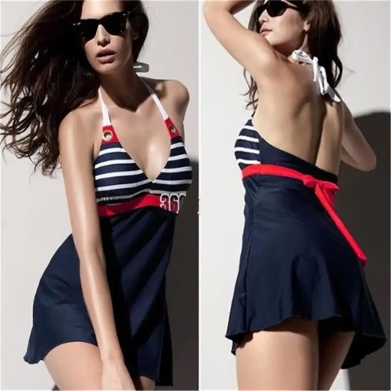 Striped Swimsuit Monokini One-piece Swimming Bathing suit With Skirt Women Swimdress Plus Size Halter Vintage Swimwear Thong 4XL