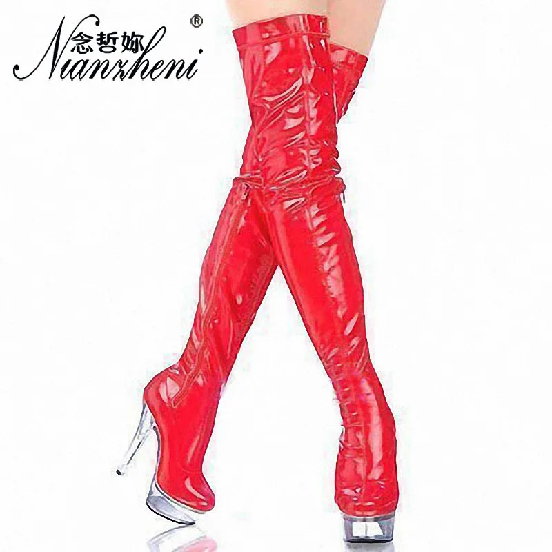 sweet gentle woman Pink Patent leather 15cm High heeled shoes 6 inches Over the knee Boots Nightclub Pole dancing Exotic Dancer