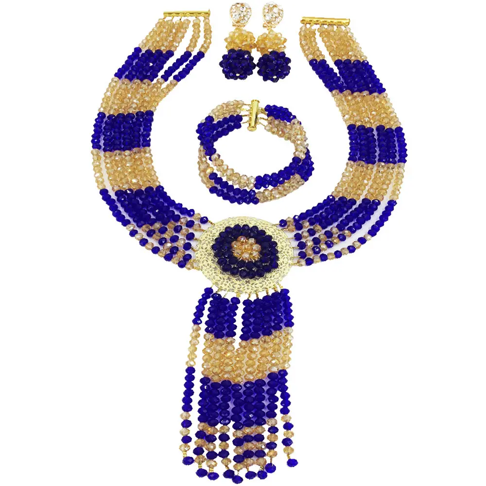 

in fashion royal blue and champagne gold ab nigerian beads african necklace costume jewelry set 6XLS-08