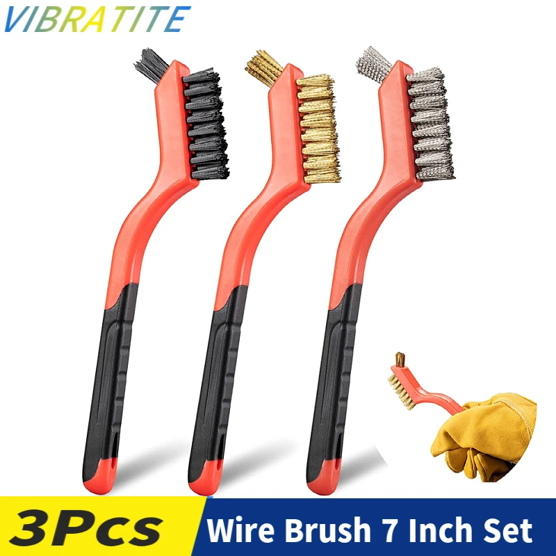 3PCS Small Wire Brush Set,Cleaning Rust ,Stainless Steel/Brass/Nylon Bristles, Deep Cleaning Paint, Rust and Dirt, 7-inch