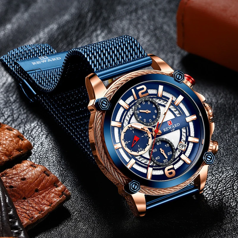 REWARD New Luxury Mens Watch Top Brand Blue Steel Mesh Chronograph Waterproof Men Sport Quartz Wrist Watch Relogio Masculino