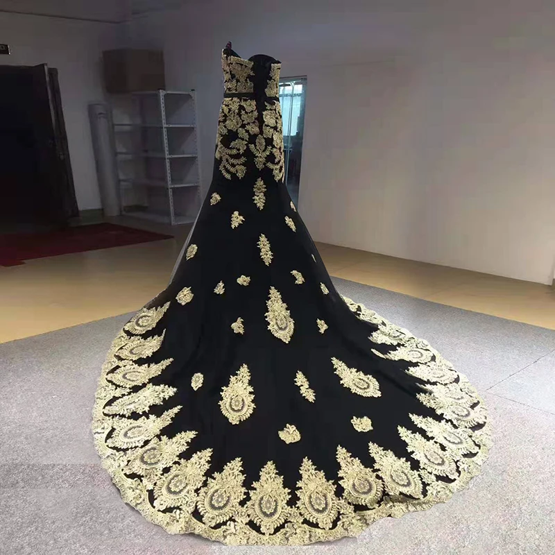 J66199 liebsten schwarz abendkleid plus größe appliques goldene spitze meerjungfrau abendkleid gericht zug robe de soirée élégante