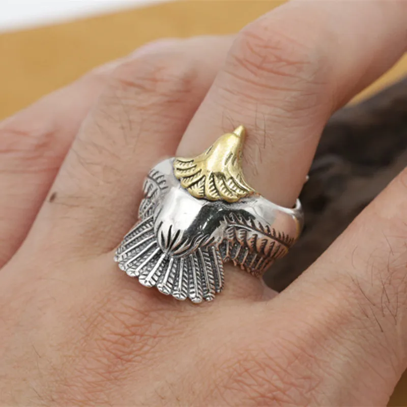 Buyee 925 Silver Male Unique Big Rings Vivid Golden Eagle Head Animal Rock Punk Jewelry Ring for Men