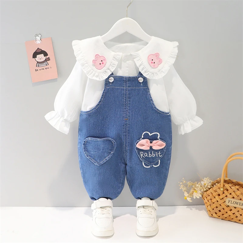 

Baby Girls Clothing Sets Spring Kids Cartoon Shirt Overalls Children Sportswear Lace Bowknot Toddler Infant Princess Outfits