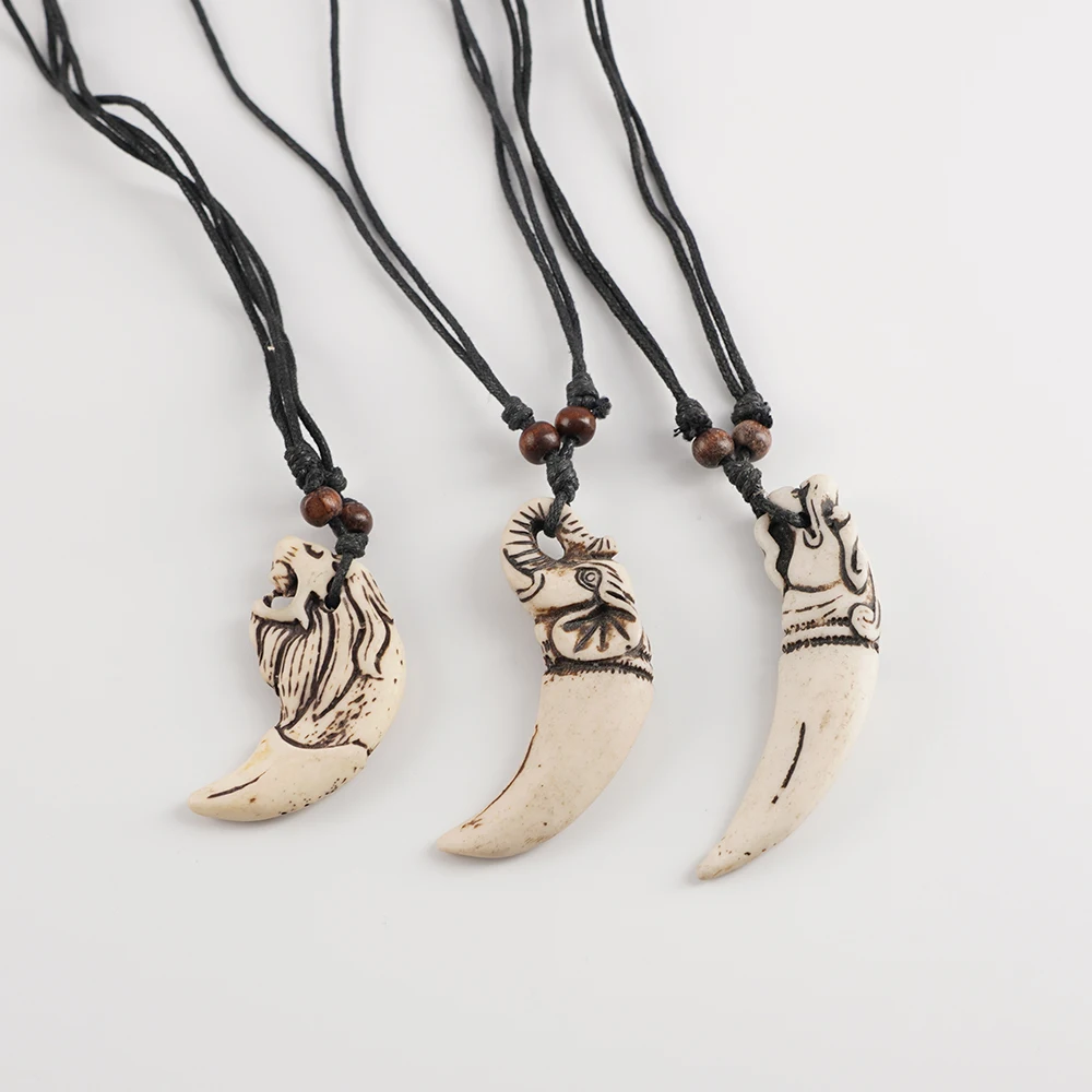 Cool Bone Carved Lion Tooth Wolf Teeth Charms Pendant Resin Necklaces For Women Men Elephant Pendent Wood Beads Amulet Gift