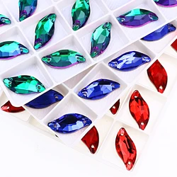 Leaf Glass Sew On Rhinestones Flatback Sewing Crystal Glitter Rhinestone For Clothes Garments Accessories 12*6mm 20*9mm 30*14mm