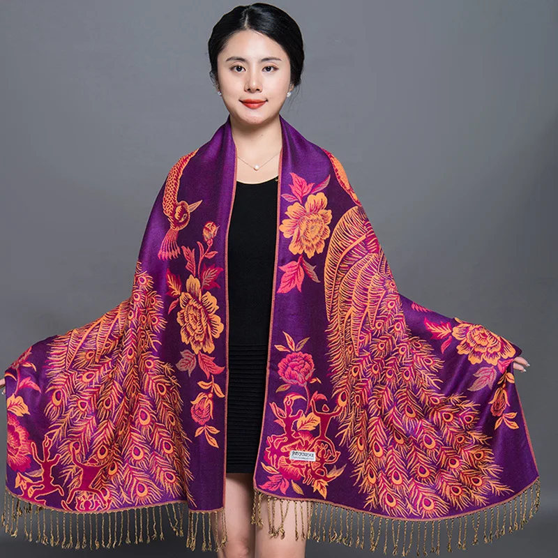 

Fashion Brand Scarves Peacock Wrap Scarf Tassel Jacquard Shawl Scarf Lady High Quality Wrap Shawl Pashmina Stole Bufandas Muslim