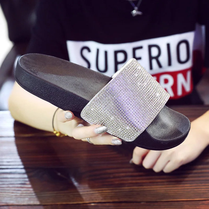 Rhinestone  Bling Beach Slides Women Slippers Flip Flops Summer Casual Shoes Crystal DiamondSandals Slip On Flat Footwear