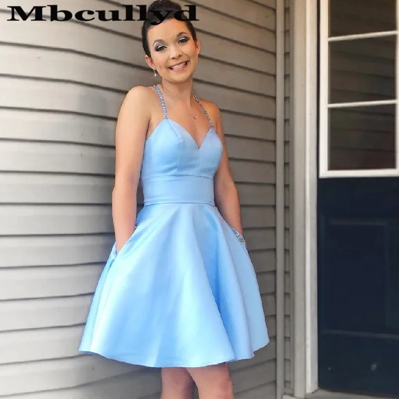 Mbcullyd Light Blue Short Cocktail Dresses With Pocket 2023 Shining Crystal vestido coctel mujer Cheap Elegant Prom Party Gowns