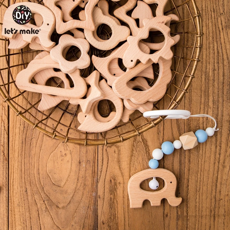 Let's Make 10pc Wooden Teether Charm Solid Beech Wood Animal Cactus Alpaca Leaves Straw Diy Elephant Pendant Baby Teether