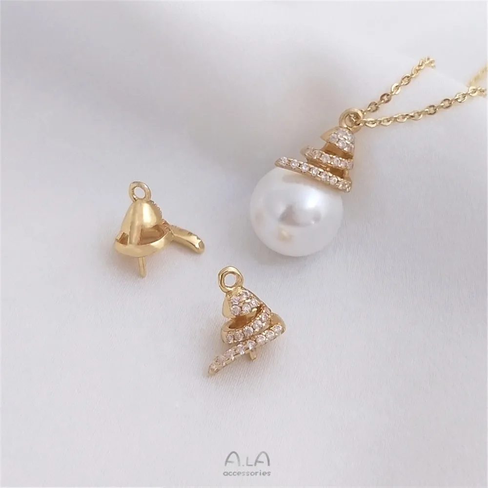 14K Gold Plated Micro-inlaid zircon crystal pearl pendant with half hole spiral empty pendant DIY hand stick bead