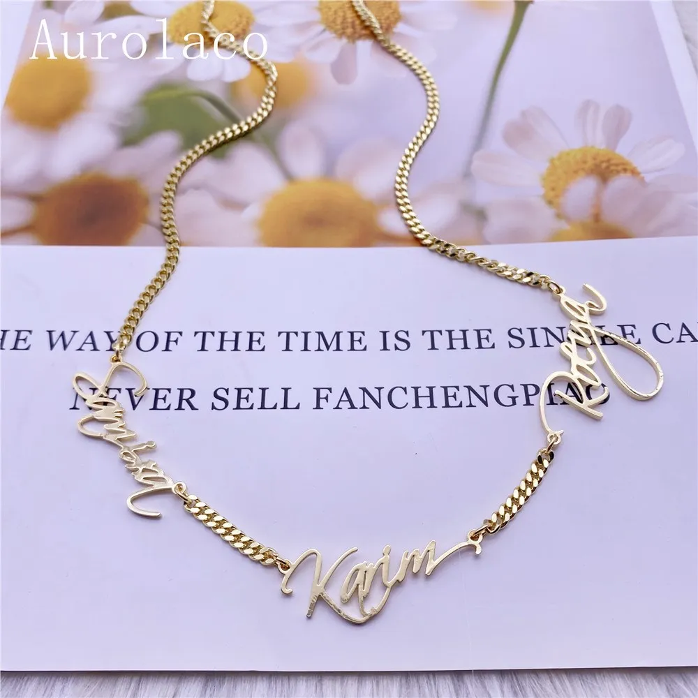 AurolaCo Custom Name Necklace Personalized Multiple Names Cuban Necklace Gold  Stainless Steel Nameplates Pendant Necklace